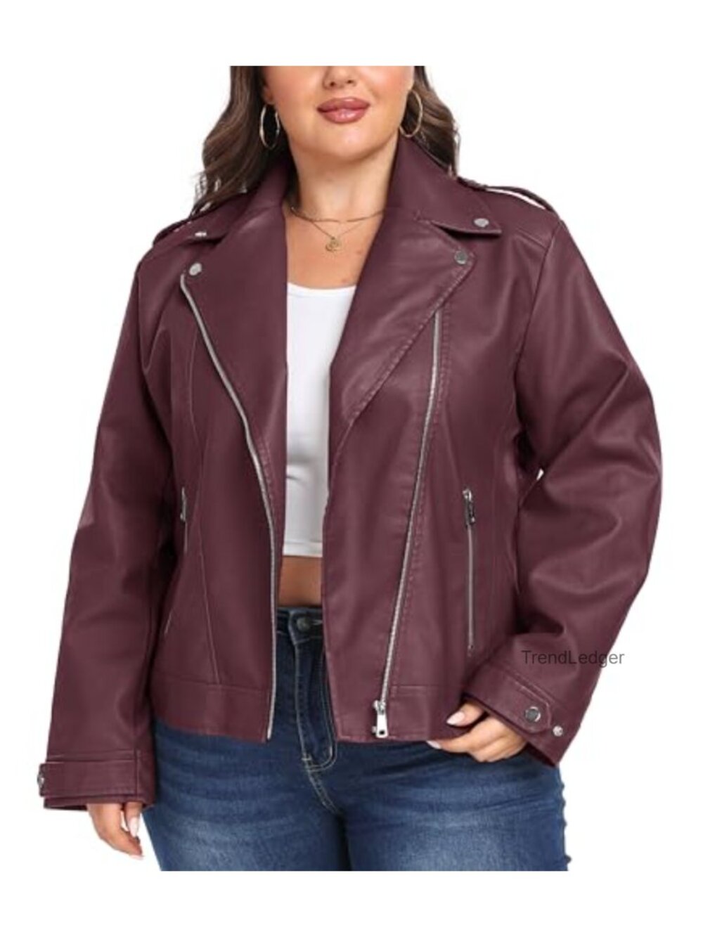 Plus Size Faux Leather Motorcycle Jacket, Asymmetrical Zipper Biker Jacket with
